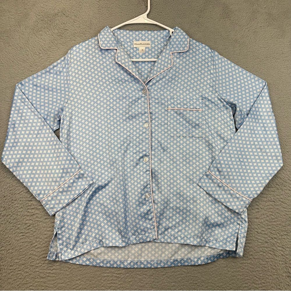 Miss Elaine Pajama Top Womens Small Blue Floral Button Long Sleeve Sleep Shirt